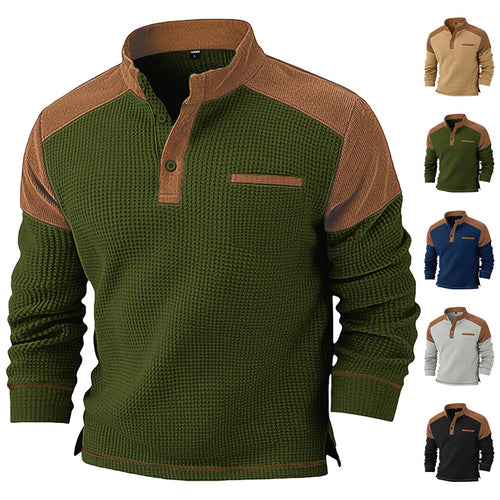 Men's waffle knit henley with stand-up collar, cord shoulder yoke and chest piping StylebySassy