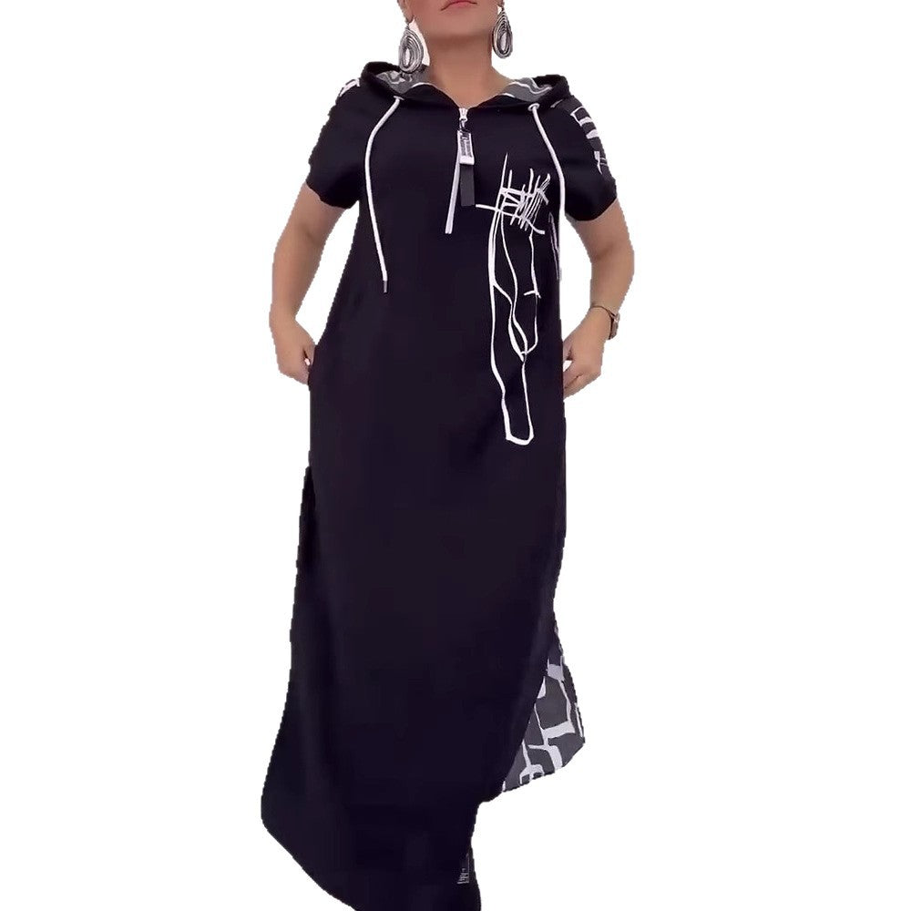 Women's casual hooded kaftan dress in loose fit with short sleeve cut and abstract graphic pattern StylebySassy