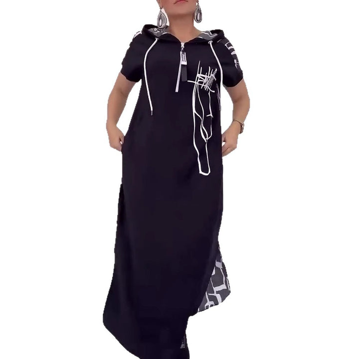 Women's casual hooded kaftan dress in loose fit with short sleeve cut and abstract graphic pattern StylebySassy