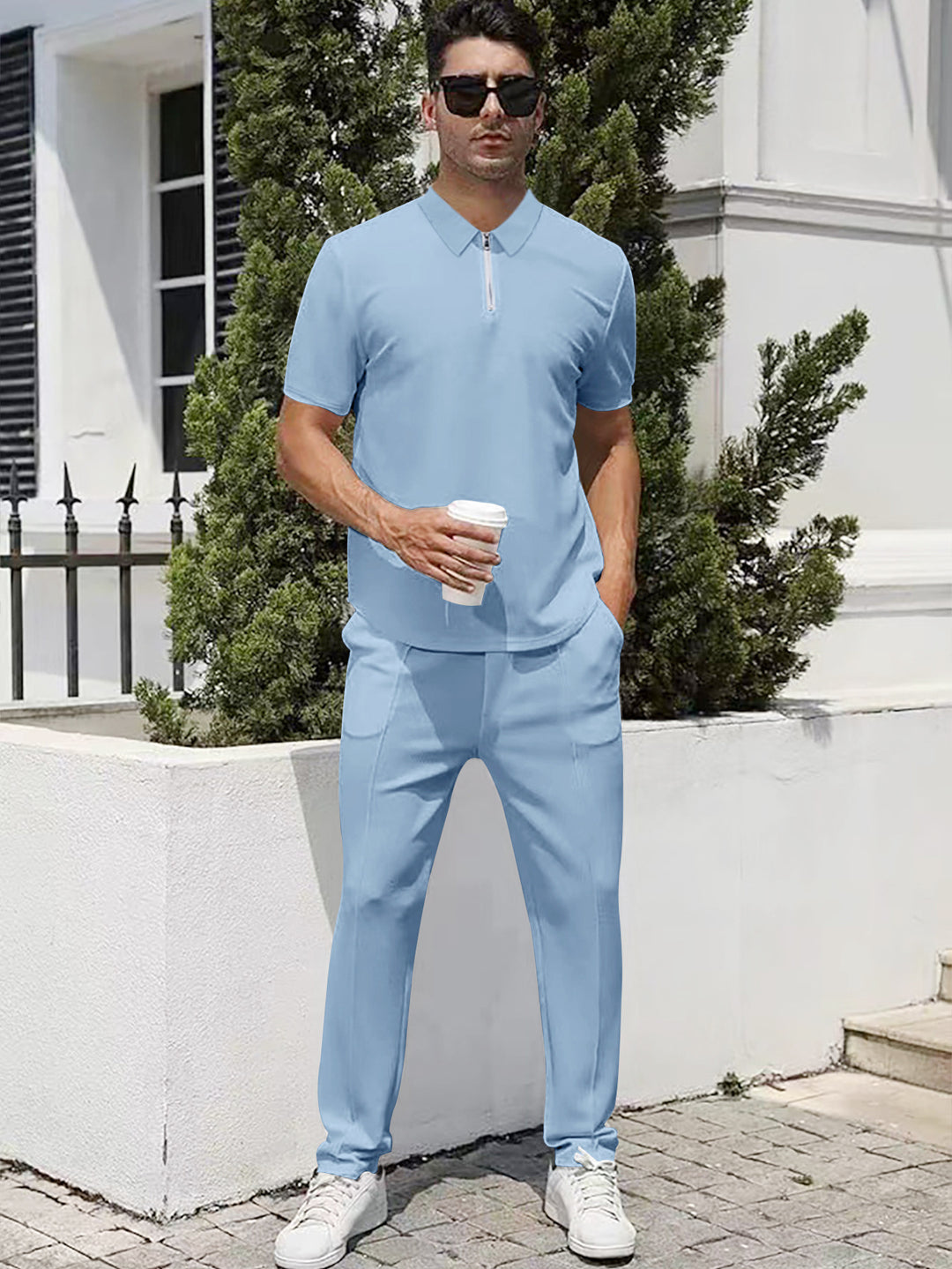 Men's urban travel polo shirt with short front zipper, elastic interlock and wrinkle-free care StylebySassy