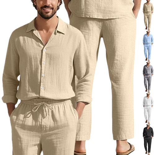 Men's relaxed linen set with open shirt collar and loose drawstring pants StylebySassy