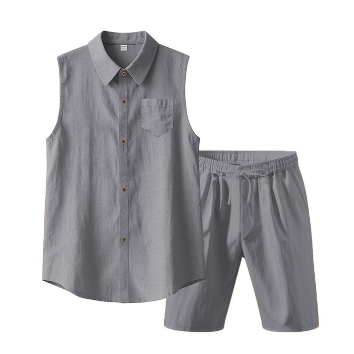 Men's sleeveless shirt and shorts set made of cotton-linen with kent collar and elastic drawstring waistband StylebySassy