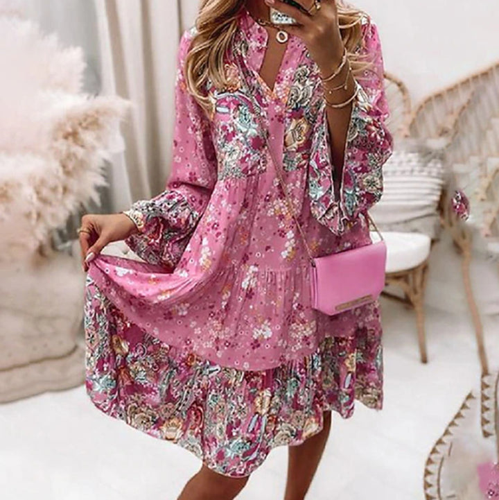 Women nan short tiered dress in Boho print with V-neck, gathered bust panel and balloon sleeves StylebySassy