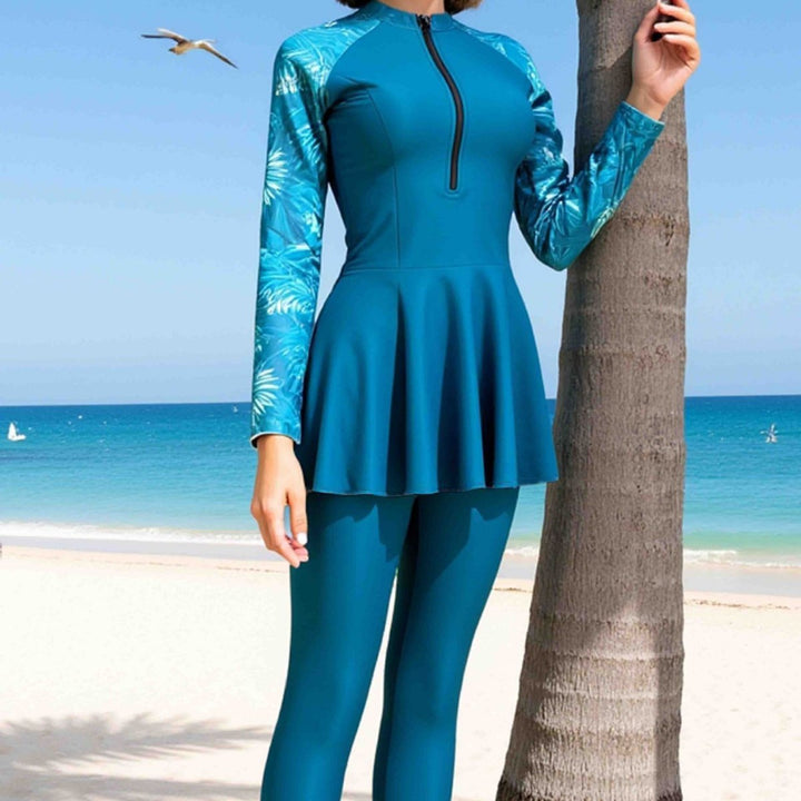 Women's Sporty Long Sleeve Swimsuit with Skirt StylebySassy