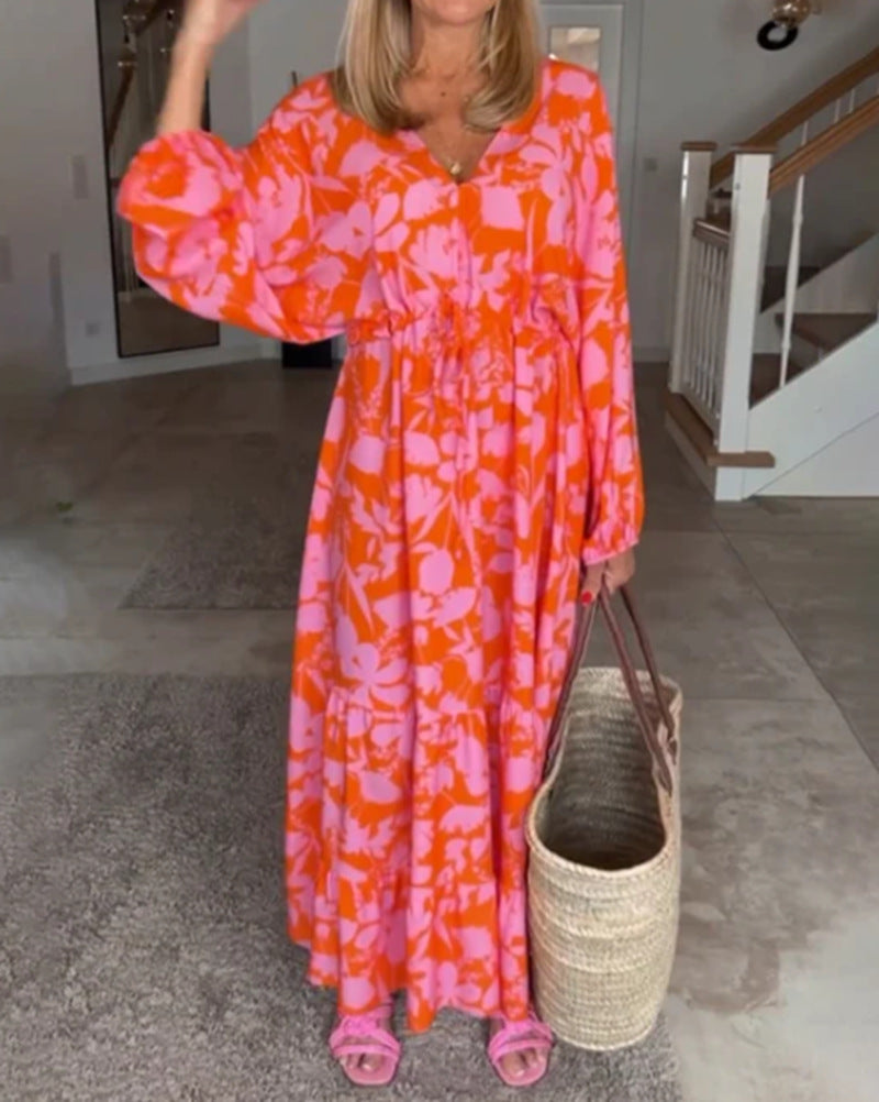 Ladies airy tiered maxi dress with V-neck tunnel waist and balloon sleeves StylebySassy