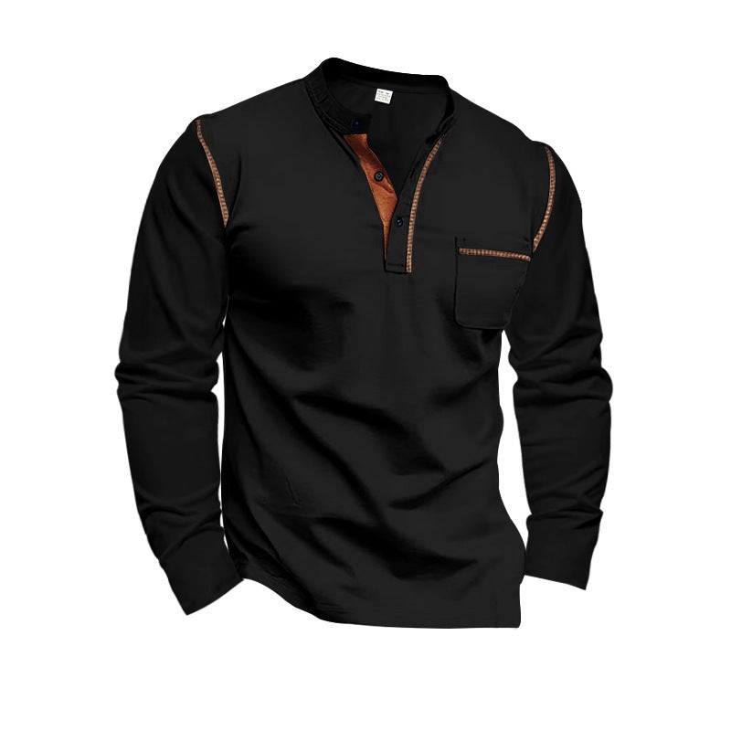 Men's long sleeve shirt with mandarin collar, chest pocket, and contrast decorative seams StylebySassy