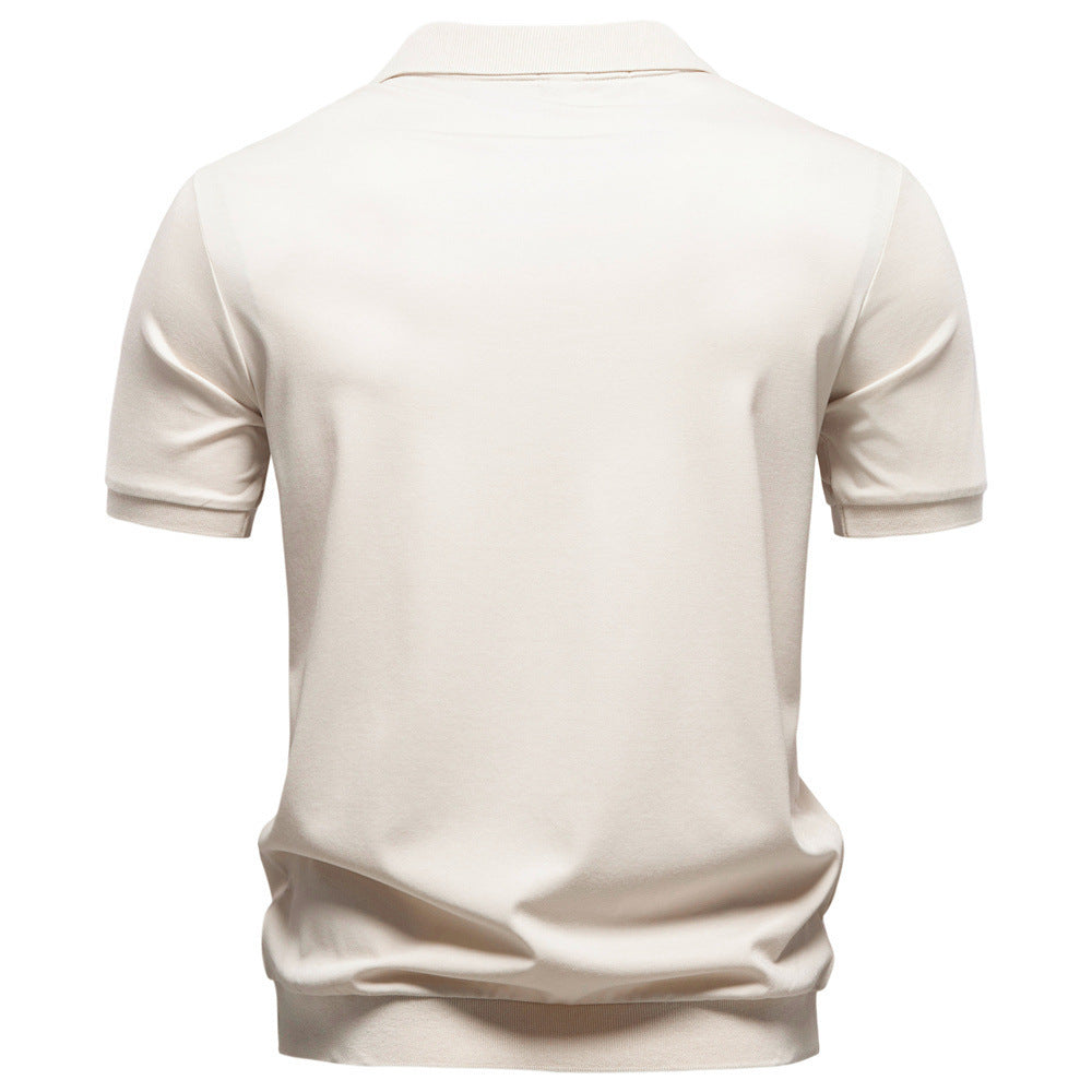 Men's fine-knit short-sleeve polo shirt with open V-neck and elastic hem StylebySassy