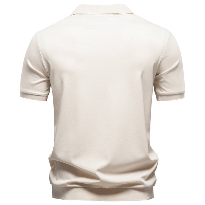 Men's fine-knit short-sleeve polo shirt with open V-neck and elastic hem StylebySassy