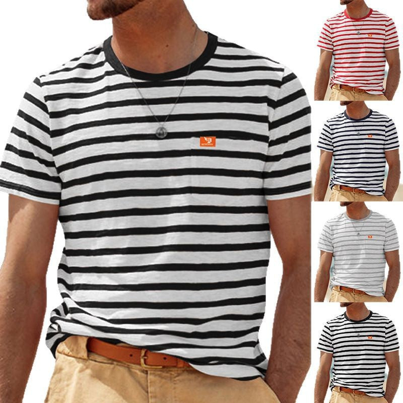 Men's casual striped cotton jersey T-shirt with round neckline and unobtrusive logo patch StylebySassy