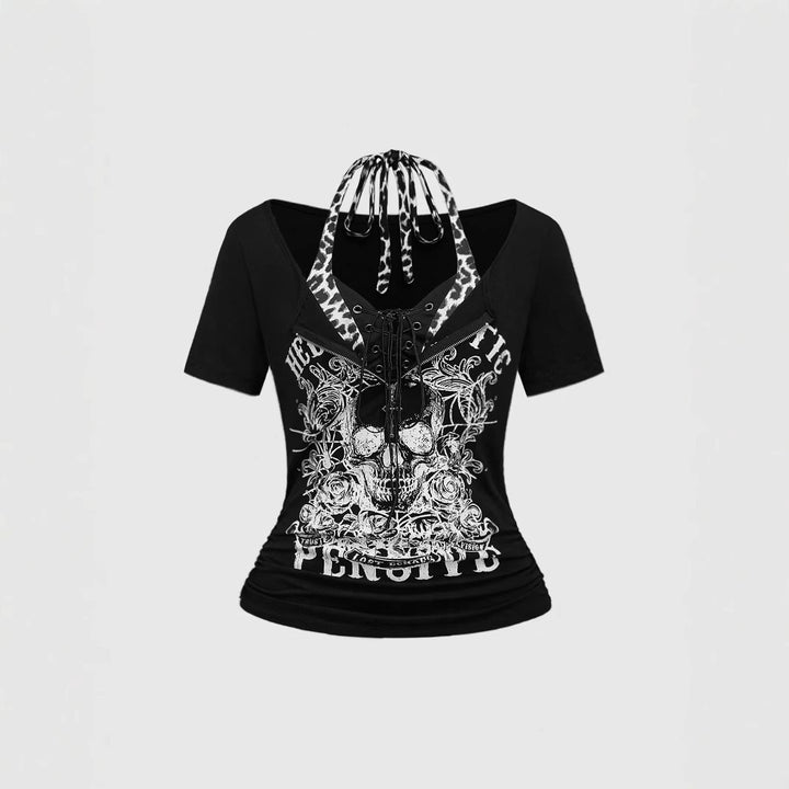 Women's Trendy Crop Top with Unique Graphic Print and Lace-Up Details StylebySassy