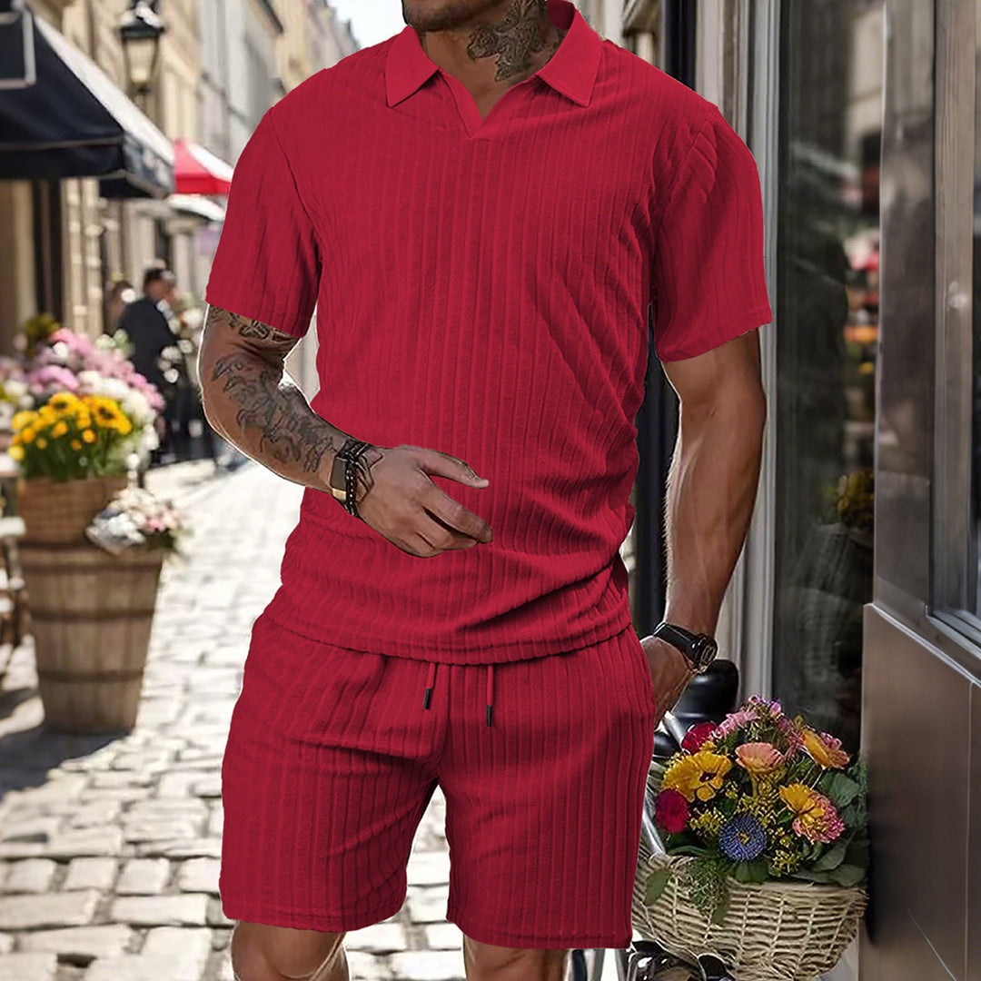 Men's knit lounge ensemble with polo collar V-insert and drawstring bermudas StylebySassy
