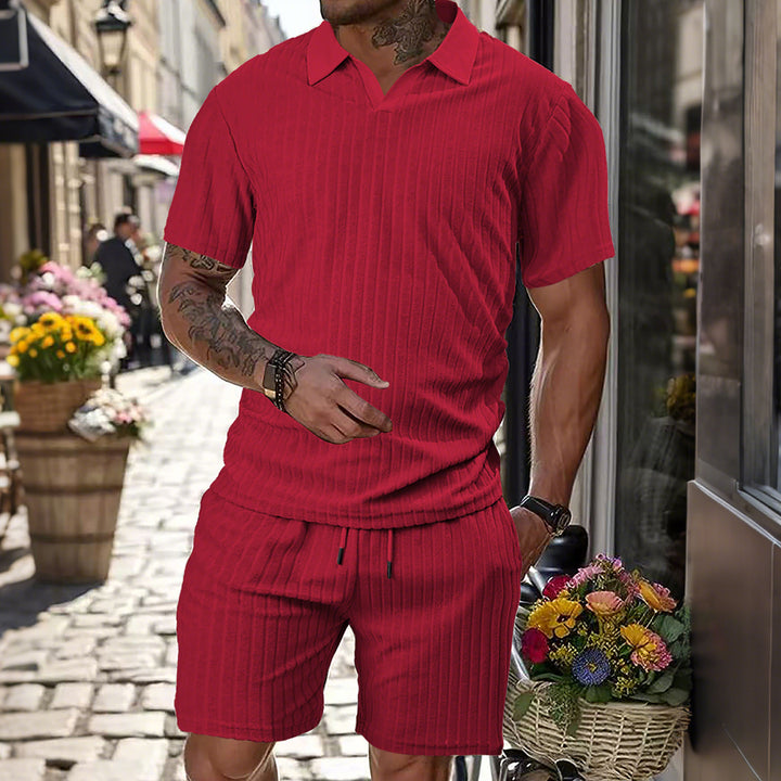 Men's knit lounge ensemble with polo collar V-insert and drawstring bermudas StylebySassy