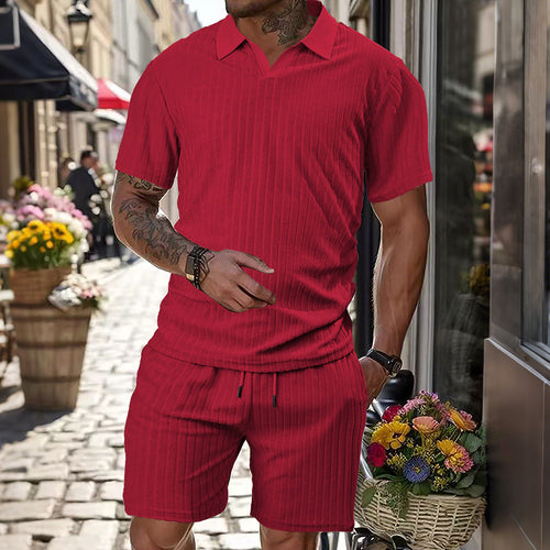 Men's knit lounge ensemble with polo collar V-insert and drawstring bermudas StylebySassy