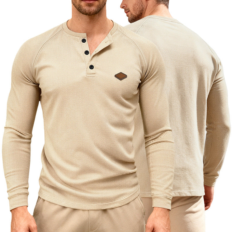 Men's Waffle Knit Henley Long Sleeve Shirt with Raglan Sleeves, Half Button Placket and Leather Label StylebySassy