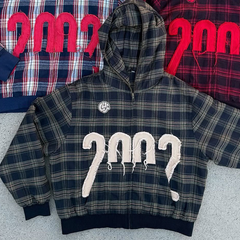 Unisex nan checkered hoodie with frayed year application and ribbed cuffs StylebySassy