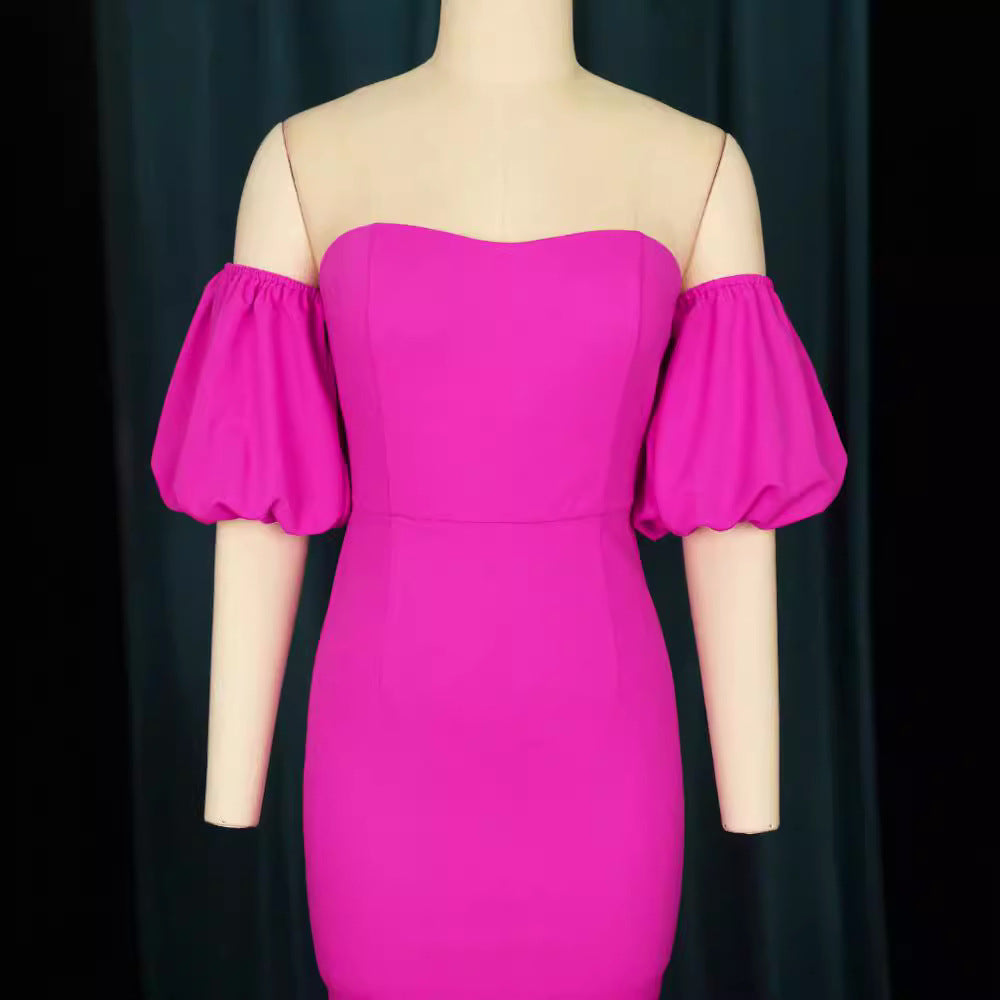Women's Figure-Hugging Evening Dress with Voluminous Puff Sleeves and Ruffle Hem