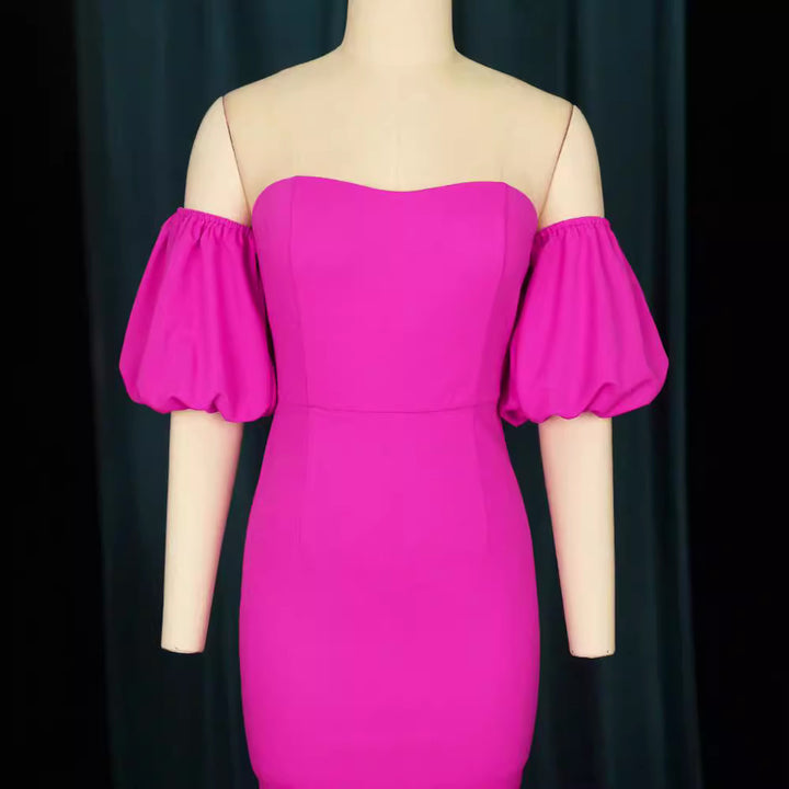 Women's Figure-Hugging Evening Dress with Voluminous Puff Sleeves and Ruffle Hem