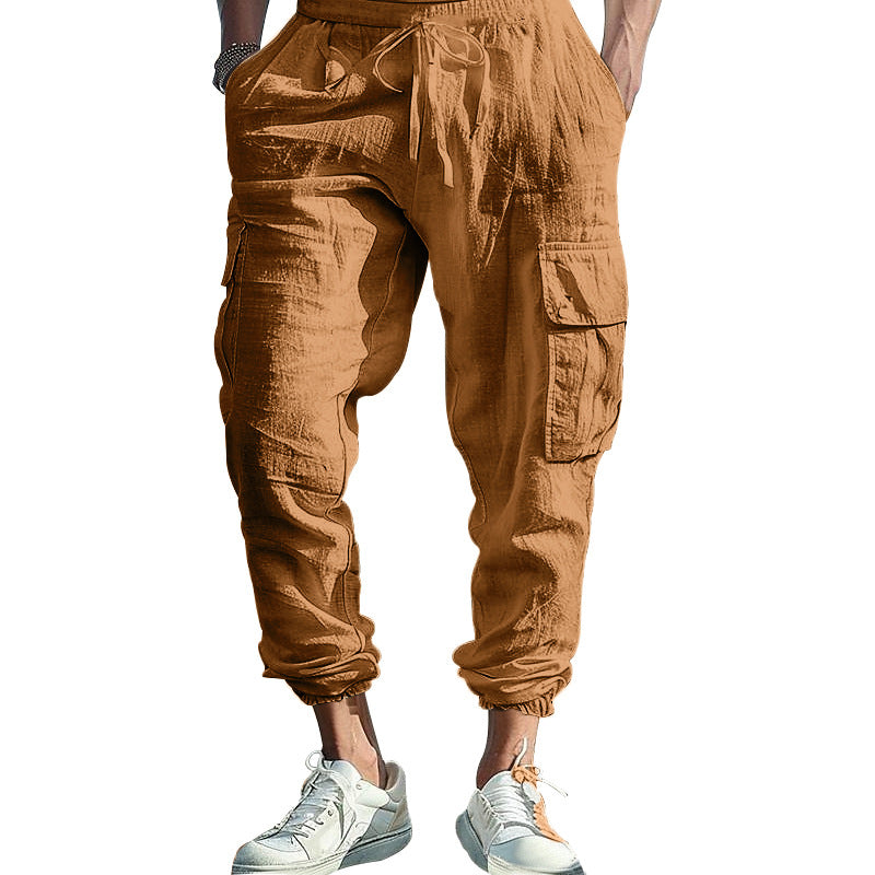 Men's Casual Linen Cargo Joggers with Drawstring Waist, Large Flap Pockets and Elastic Ankle Cuffs StylebySassy
