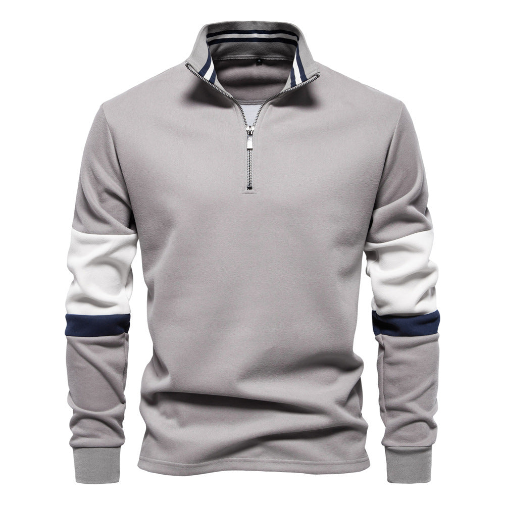 Men's half-zip pullover with stand-up collar, striped collar inner band and contrast sleeves StylebySassy
