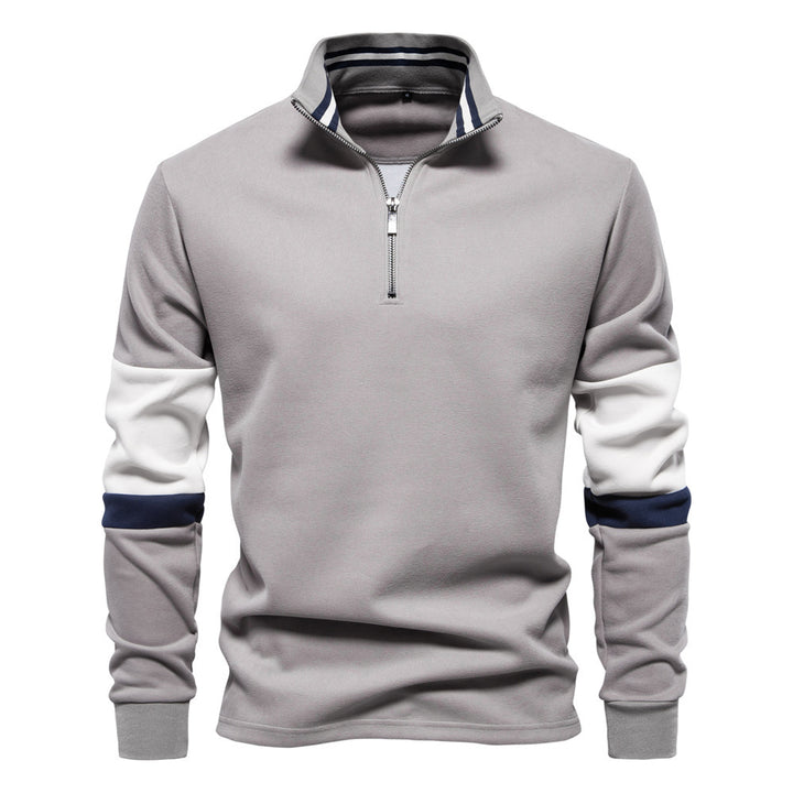 Men's half-zip pullover with stand-up collar, striped collar inner band and contrast sleeves StylebySassy