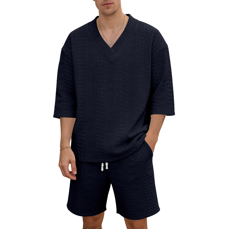 Unisex casual lounge set with V-neck top and drawstring shorts StylebySassy