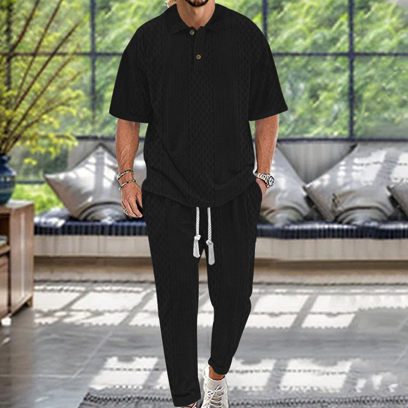 Men's jacquard loungewear set with polo collar, drawstring waistband, and tapered joggers StylebySassy