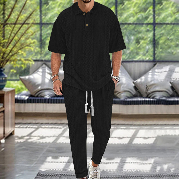 Men's jacquard loungewear set with polo collar, drawstring waistband, and tapered joggers StylebySassy