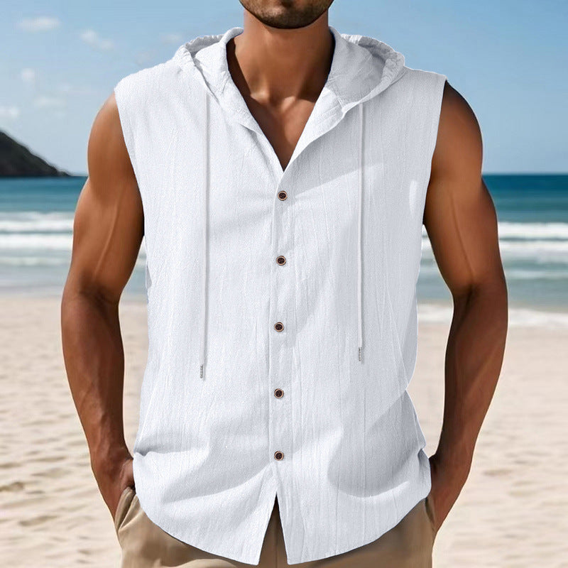 Men's sleeveless hooded shirt in linen look with wooden button placket StylebySassy