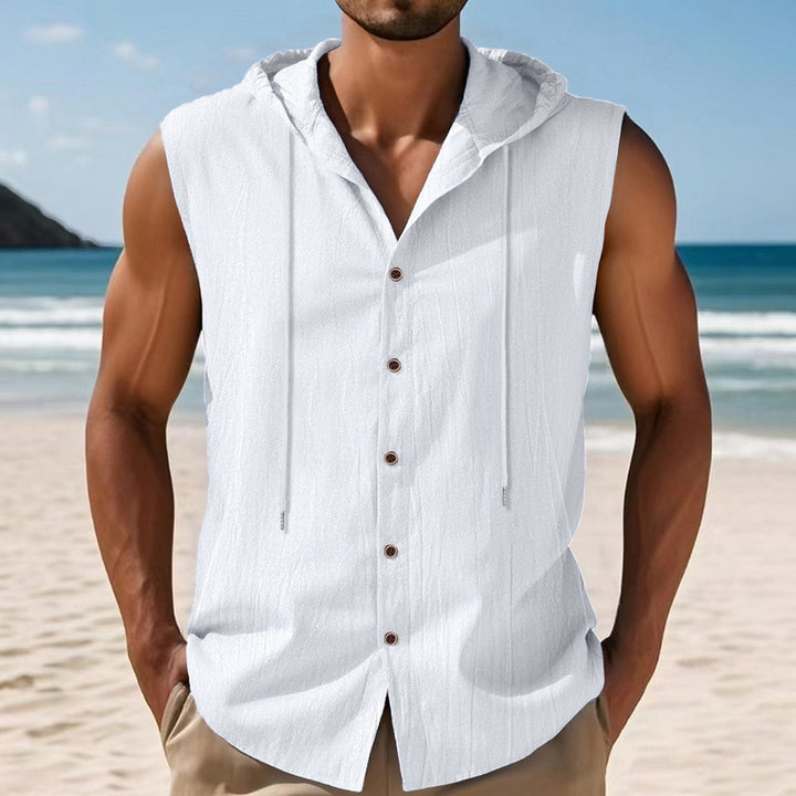 Men's sleeveless hooded shirt in linen look with wooden button placket StylebySassy