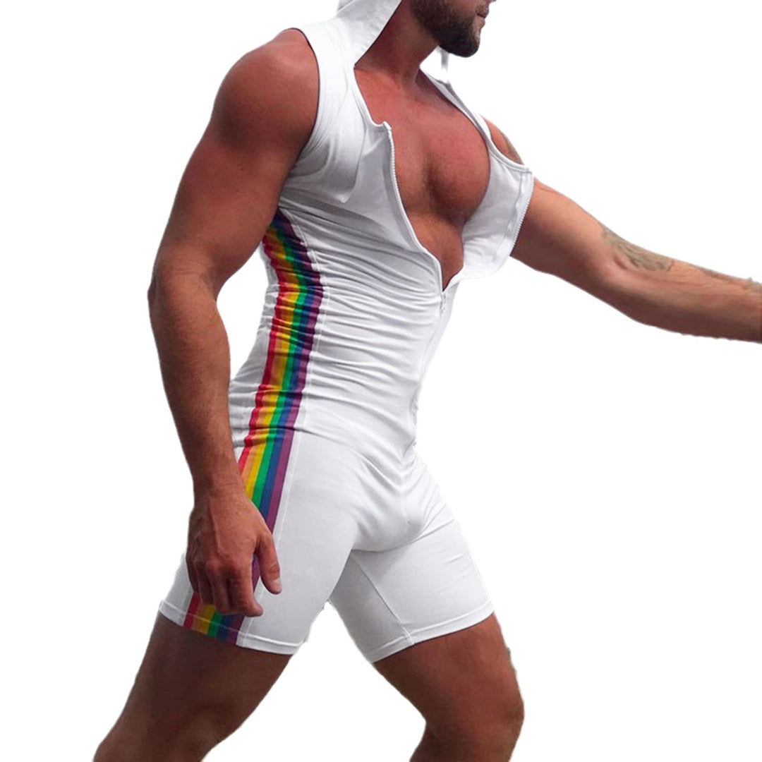 Men's sleeveless hooded short jumpsuit with full zip and ergonomic crotch solution StylebySassy