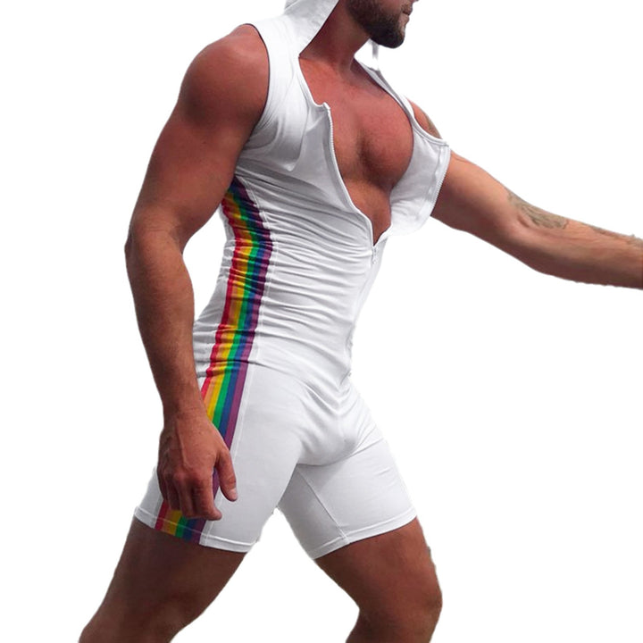 Men's sleeveless hooded short jumpsuit with full zip and ergonomic crotch solution StylebySassy