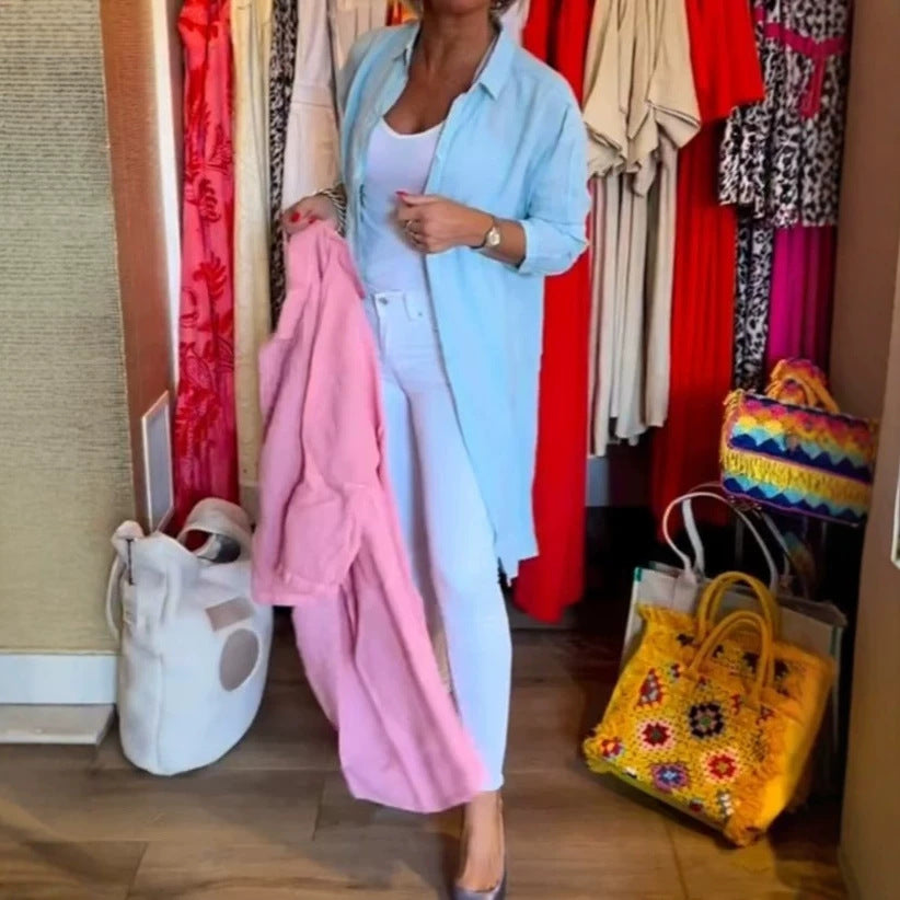 Women's open long blouse in linen mix with Kent collar, dropped shoulder and side slits StylebySassy