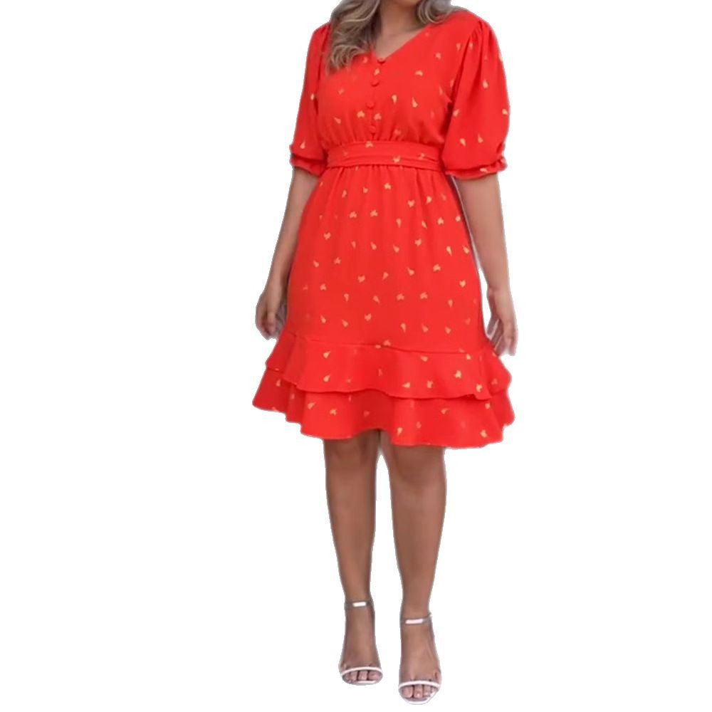 Women's knee-length ruffle dress with waist belt, V-neckline and gathered puff sleeves StylebySassy
