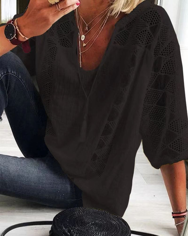 Women's airy blouse with deep neckline, lace inserts and balloon sleeves StylebySassy