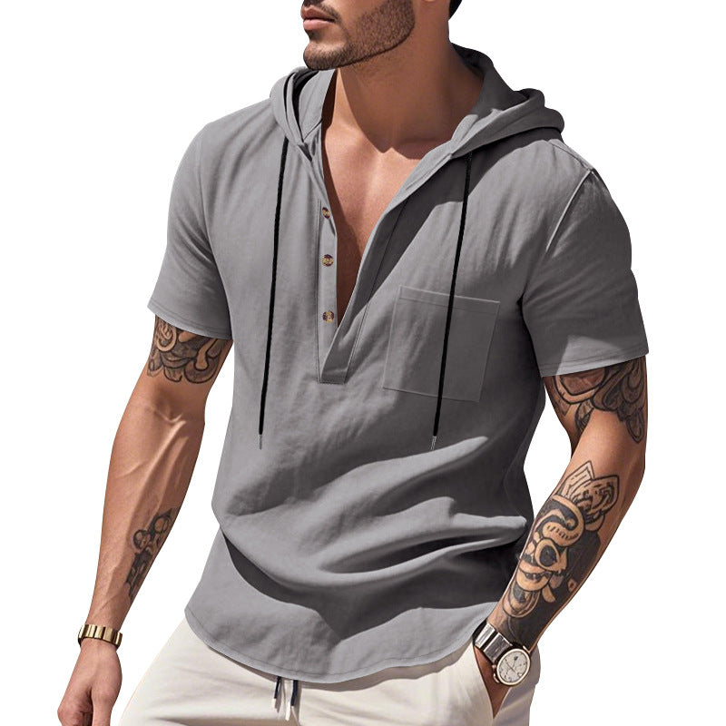 Men's lightweight short-sleeve hooded Henley made of single jersey with chest pocket and contrast drawstring StylebySassy