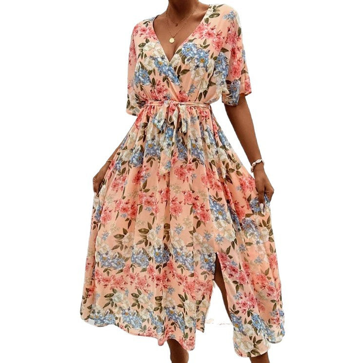 Women's floral V-neck tie dress with fitted belt and side leg slit StylebySassy