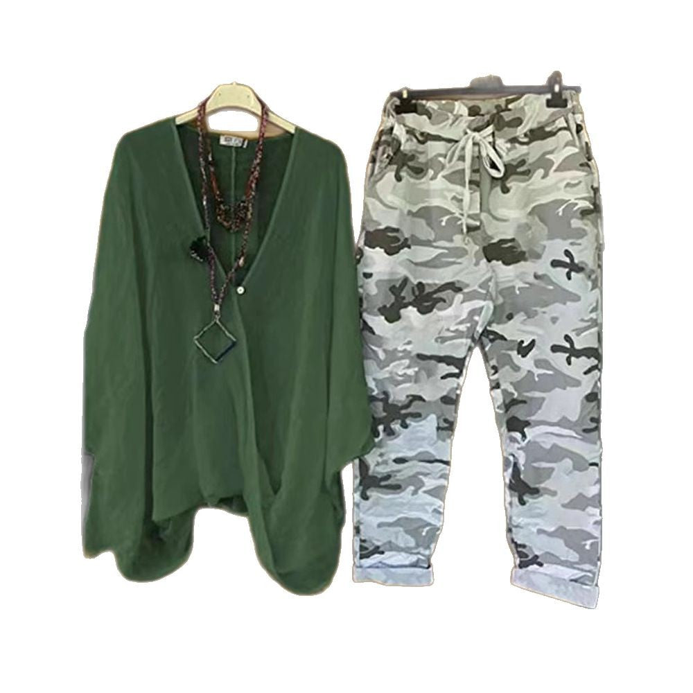 Women's two-piece outfit consisting of flowing kimono top and camouflage jogging pants StylebySassy
