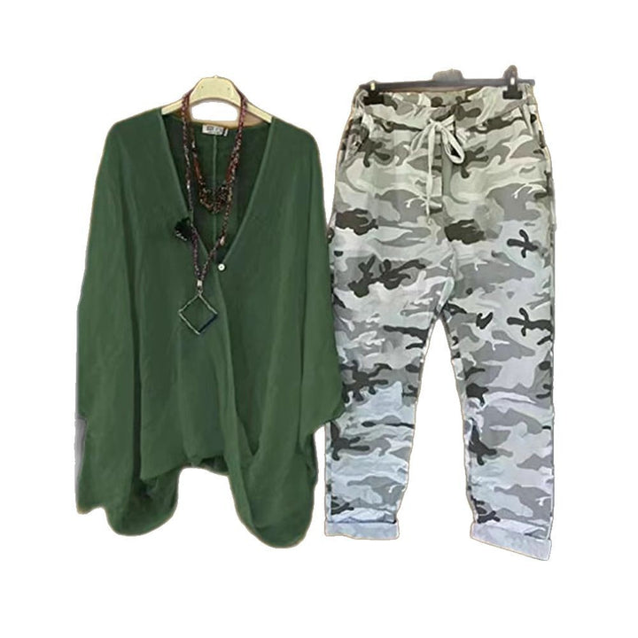 Women's two-piece outfit consisting of flowing kimono top and camouflage jogging pants StylebySassy