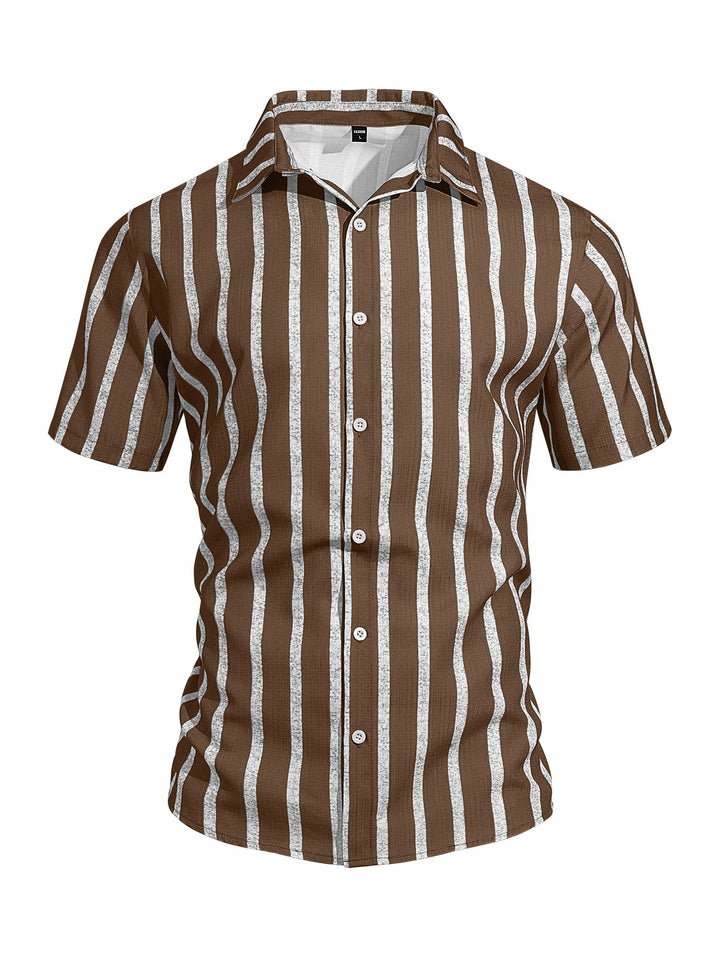 Men's casual short sleeve shirt with vertical block stripes, open lapel collar, and lightweight cotton-linen blend StylebySassy