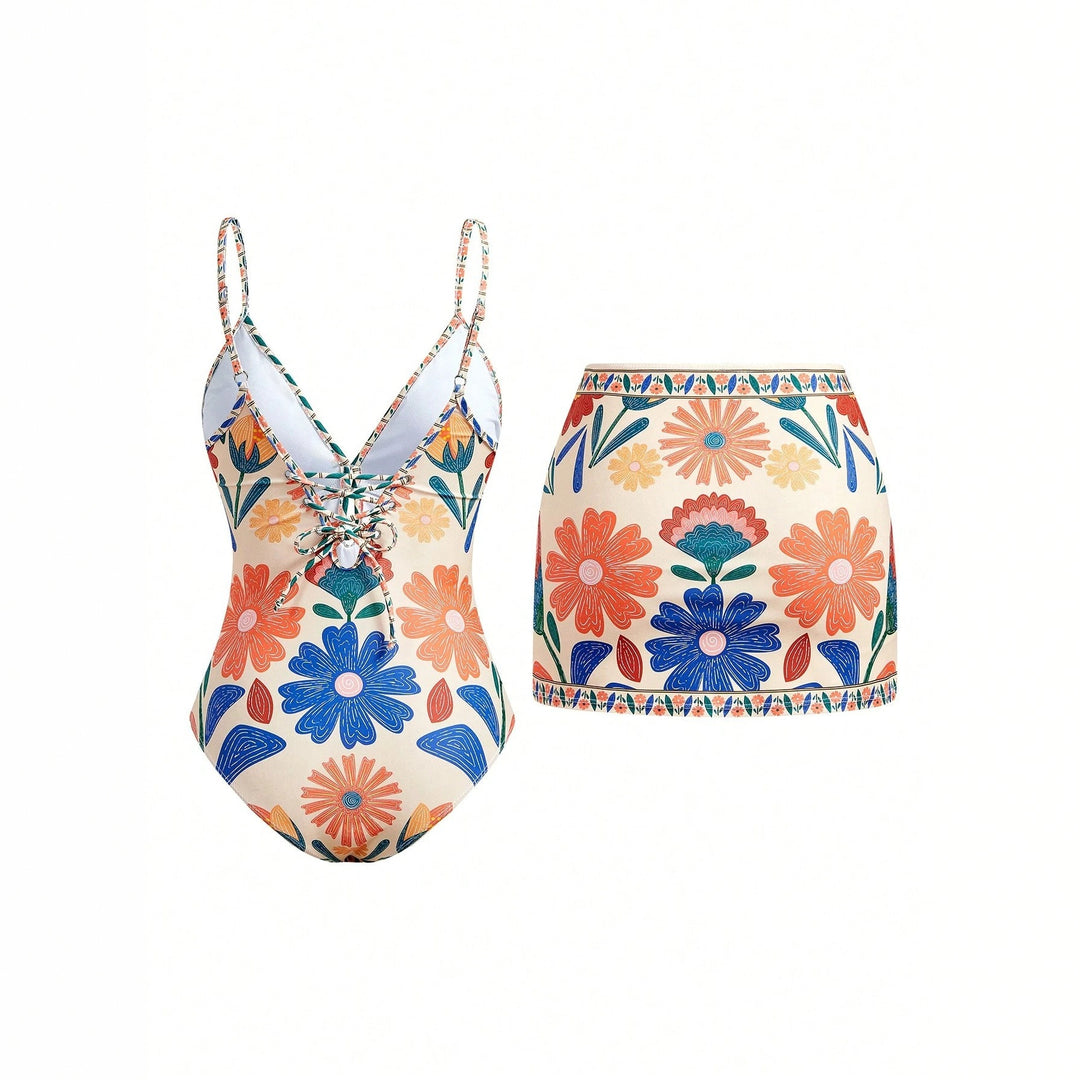 Women's Floral Pattern Swimsuit with Matching Skirt StylebySassy
