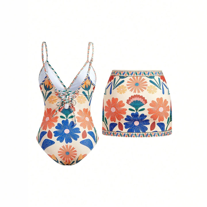 Women's Floral Pattern Swimsuit with Matching Skirt StylebySassy