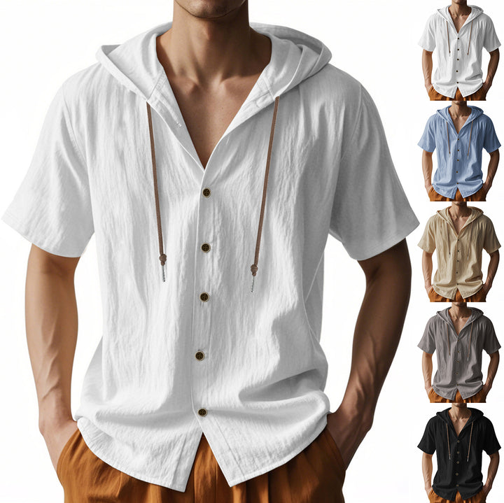 Men's short-sleeve hooded shirt with natural fiber texture, button-up front, and drawstring StylebySassy