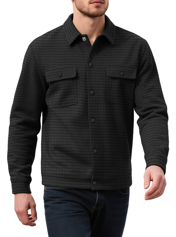 Men's quilted shirt jacket in overshirt style with snap button placket and applied chest flaps StylebySassy