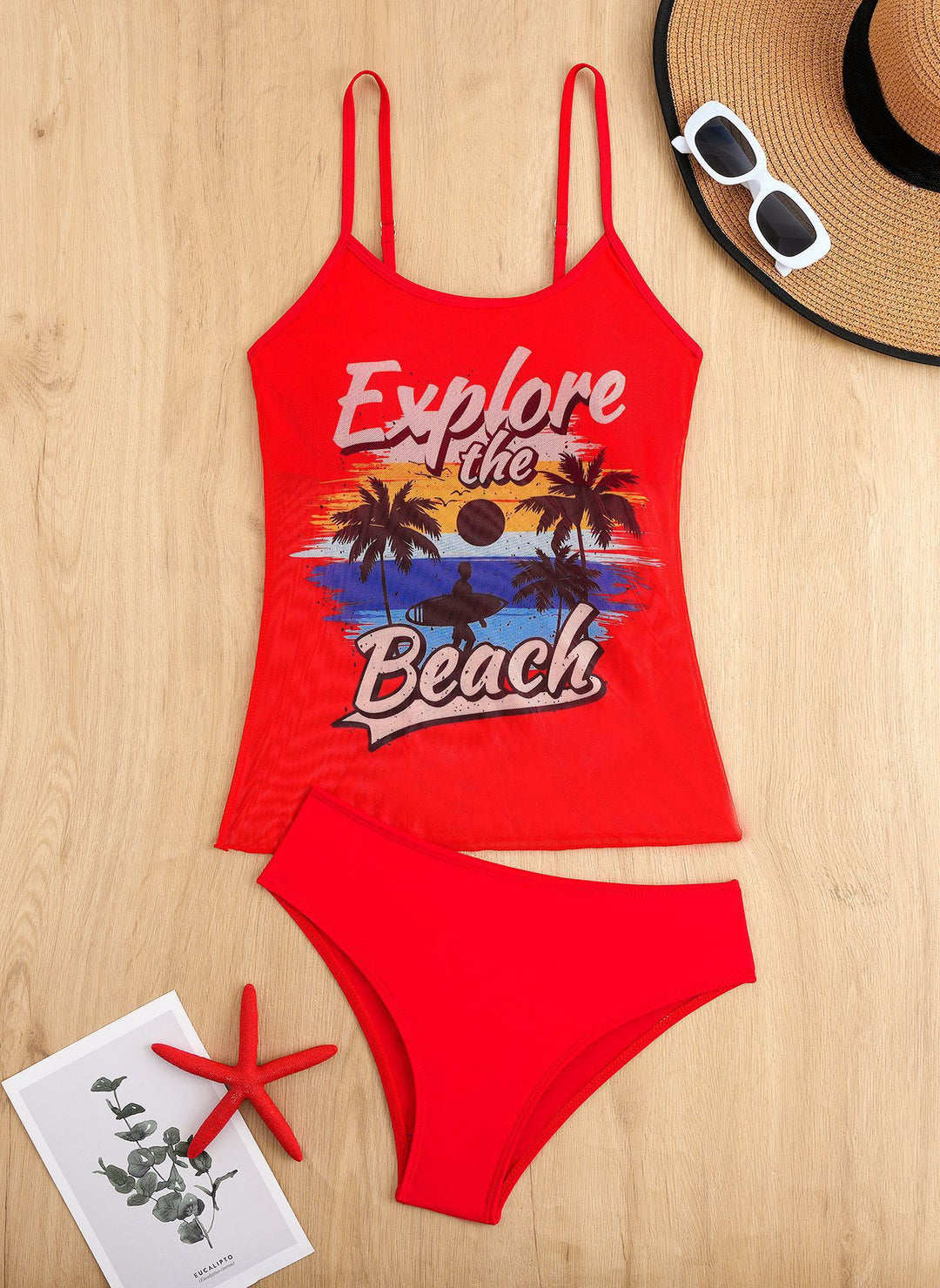 Women's beach top with colorful graphic design and matching bikini bottom StylebySassy