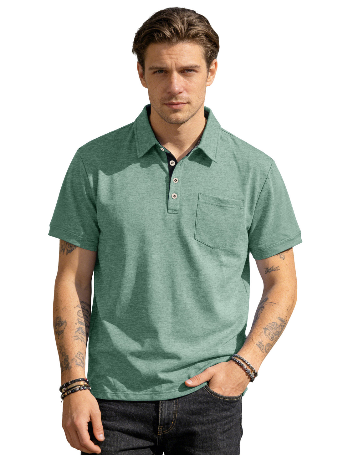 Men's short sleeve polo collar shirt made of textured jersey with chest pocket and contrasting button placket StylebySassy