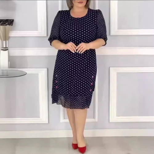 Women's Chiffon Midi Dress with Polka Dot Pattern, Half-Length Puff Sleeves, Side Floral Embroidery, and Gathered Ruffled Hem StylebySassy