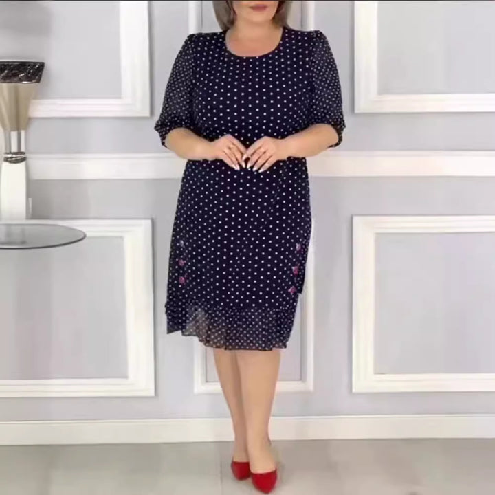 Women's Chiffon Midi Dress with Polka Dot Pattern, Feminine A-Line and Delicate Floral Embroidery StylebySassy