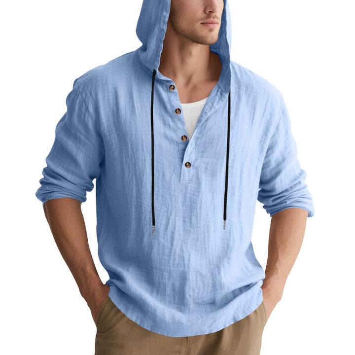 Men's casual linen henley with hood, drawstring and three-button placket StylebySassy