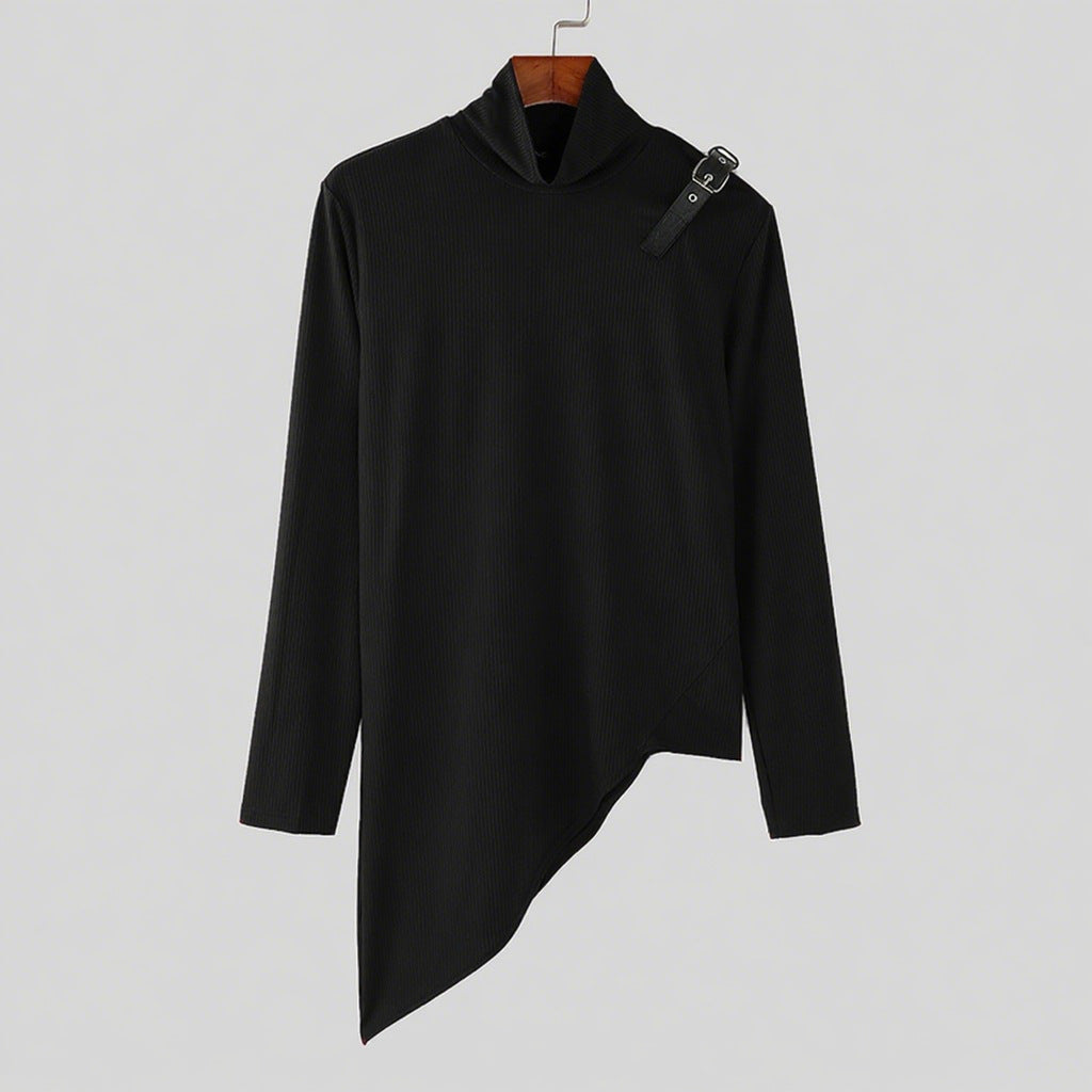 Women's asymmetrical long sleeve top made of fine knit with stand-up collar, diagonal hem, and adjustable shoulder strap StylebySassy