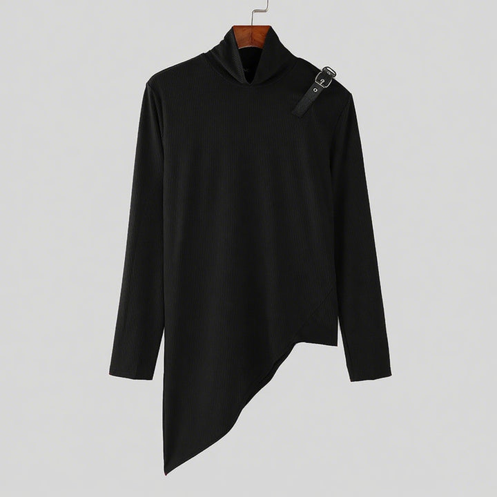 Women's asymmetrical long sleeve top made of fine knit with stand-up collar, diagonal hem, and adjustable shoulder strap StylebySassy